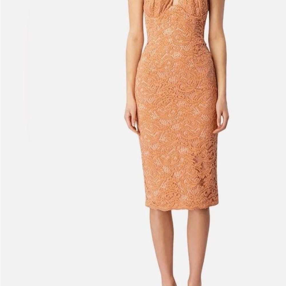 Bardot Orange lace cross halter Bodycon Midi Dress